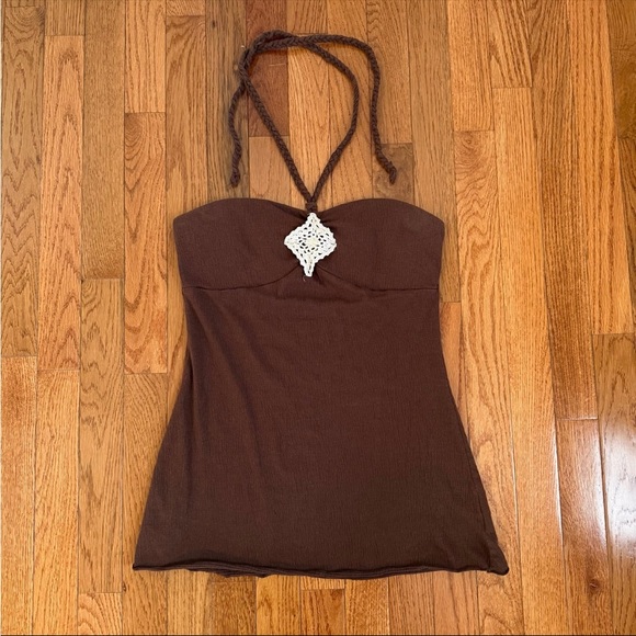 Self Esteem Tops - Vintage Y2K Self Esteem Brown Halter Tank Top with Crochet Accent